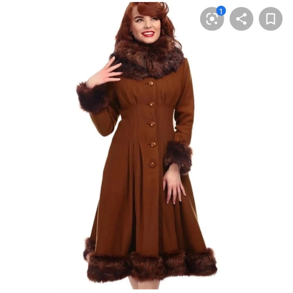NWT Collectif Pearl Coat XS Faux Fur Pinup Girl PUG Cognac